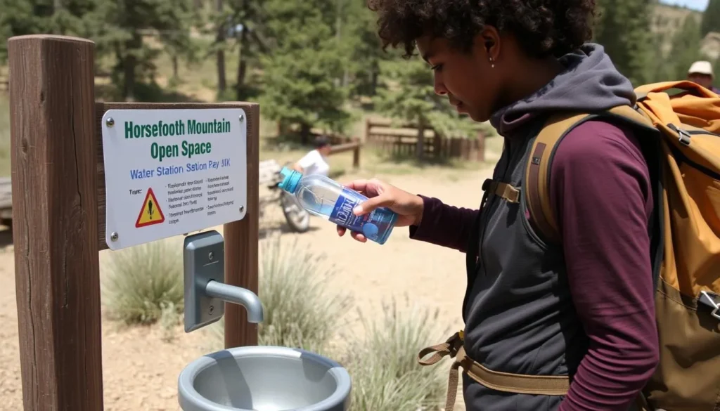 Hiker filling water bottle at Horsetooth Mountain Open Space trailhead