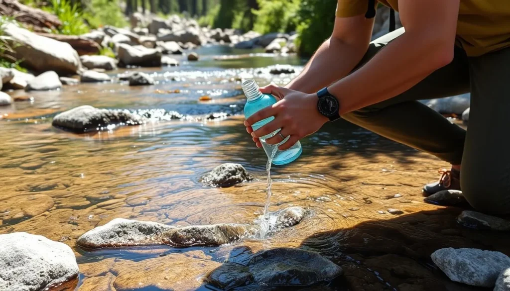 Hiker filling water bottle at a mountain stream in Lincoln National Forest Hiker filling water bottle at a mountain stream in Lincoln National Forest