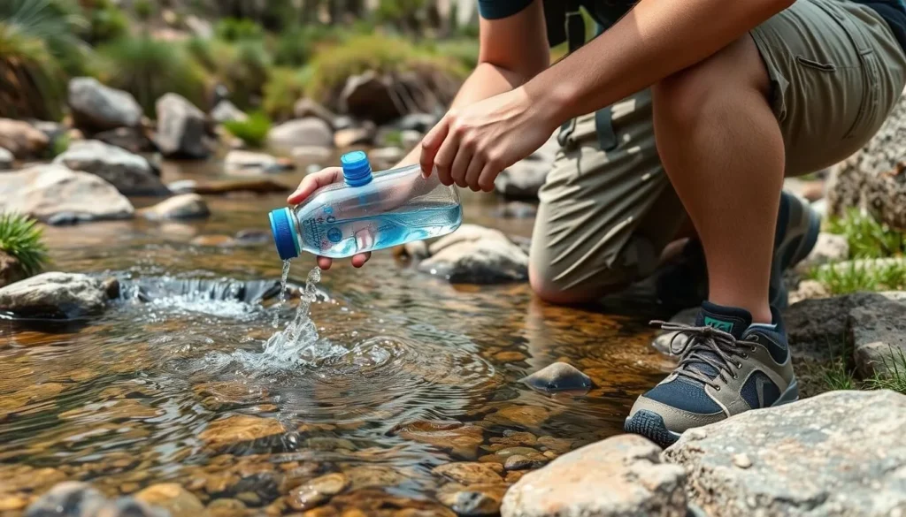 Hiker filling water bottle at a mountain stream in the Pinal Mountains