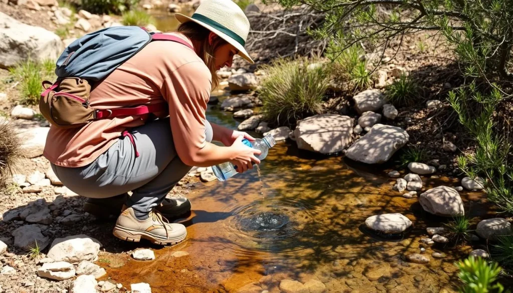 Hiker filling water bottle at a natural spring in the Santa Rita Mountains Hiker filling water bottle at a natural spring in the Santa Rita Mountains