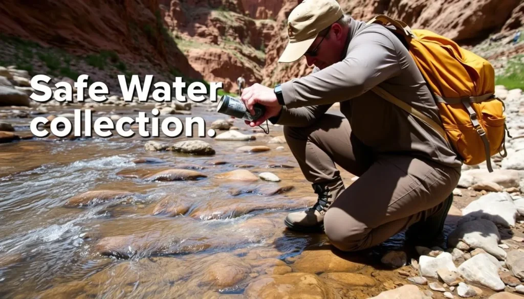 Hiker filling water bottle at creek in Escalante Canyon demonstrating proper filtration