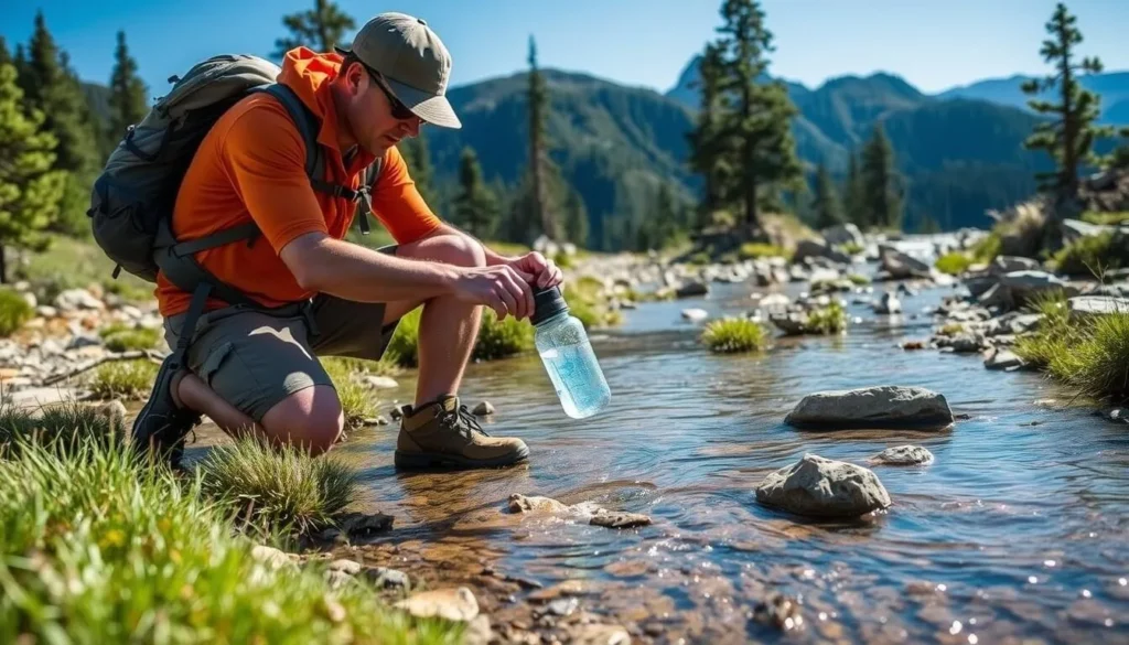 Hiker filtering water from a mountain stream on the Colorado Trail