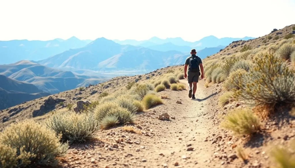 Hiker on trail in Clan Alpine Mountains Nevada with mountain views