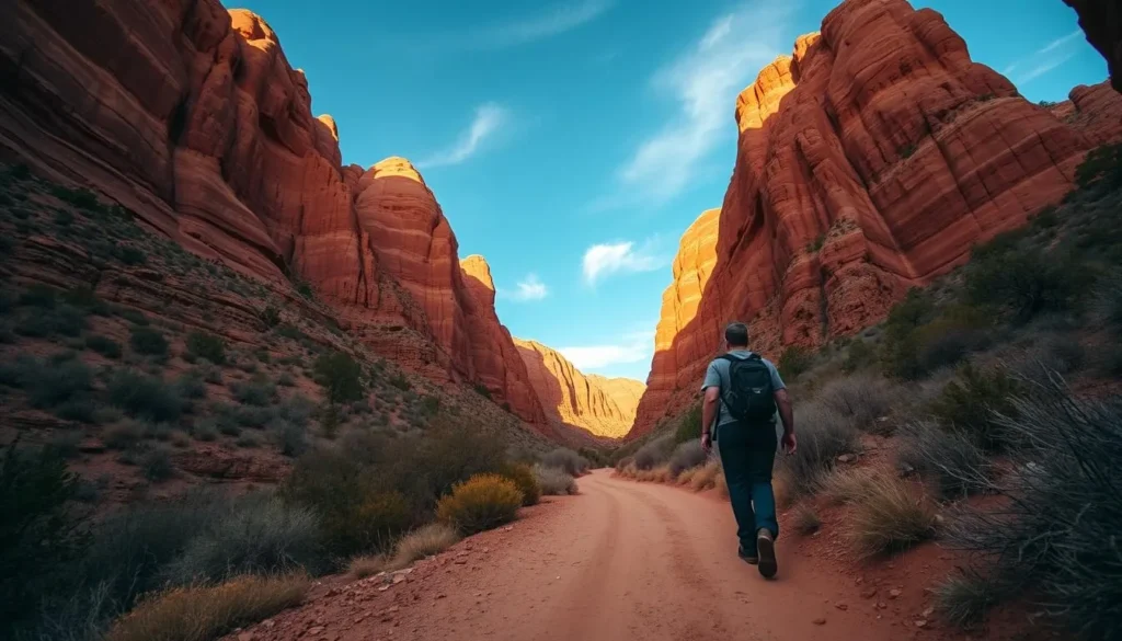 Hiker on trail in Escalante Canyon with dramatic rock formations