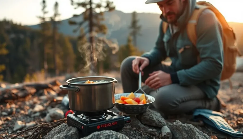 Hiker preparing a meal at campsite near Turkey Creek Hot Springs in New Mexico
