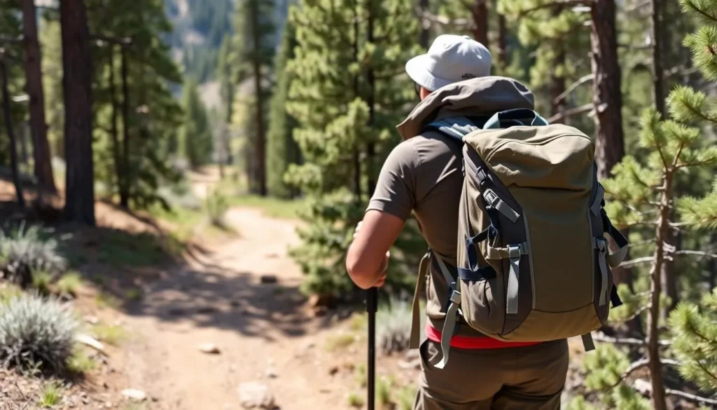 Hiker properly equipped for Grand Mesa trails with backpack and hiking poles Hiker properly equipped for Grand Mesa trails with backpack and hiking poles