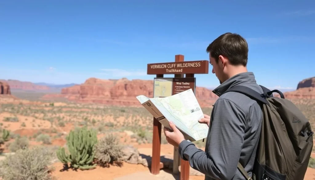 Hiker reading a map at the Wire Pass Trailhead in Vermilion Cliffs Wilderness Hiker reading a map at the Wire Pass Trailhead in Vermilion Cliffs Wilderness