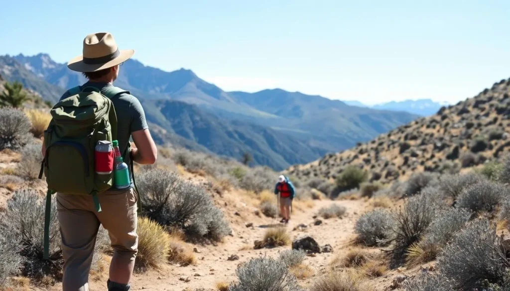 Hiker with backpack and safety gear in Clan Alpine Mountains Nevada