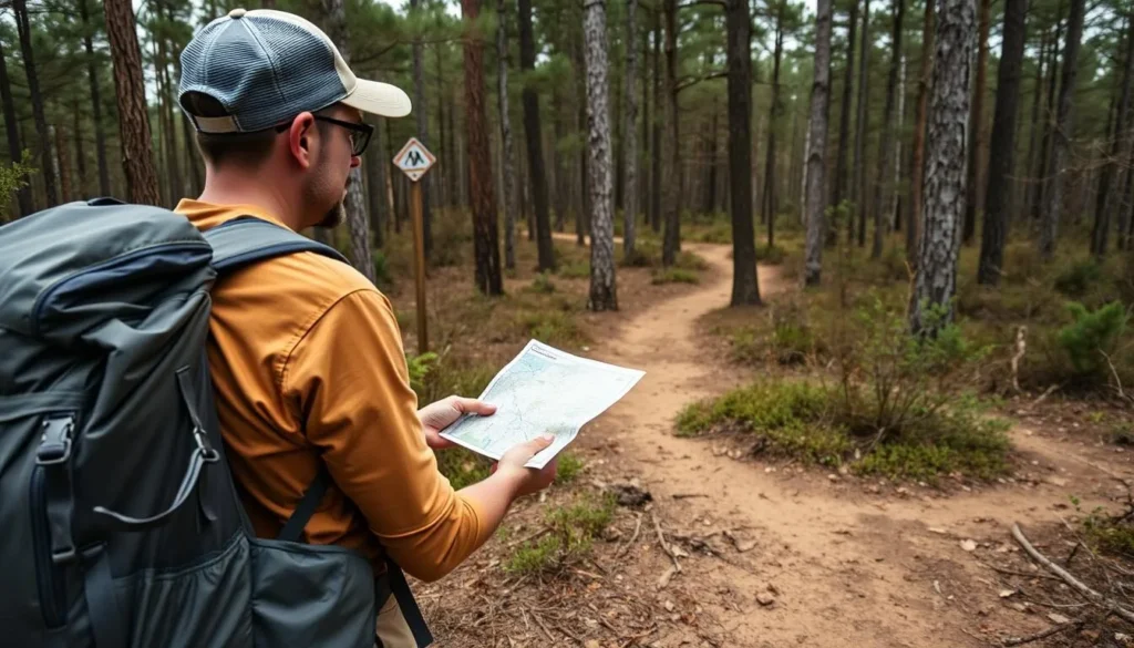 Hiker with backpack checking a trail map at a junction in Kisatchie National Forest