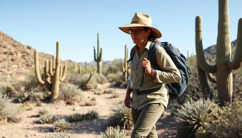 Hiker with proper desert gear including wide-brimmed hat and water bottle on a trail