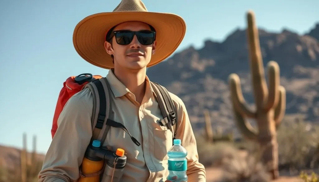 Hiker with proper desert gear including wide-brimmed hat and water bottles