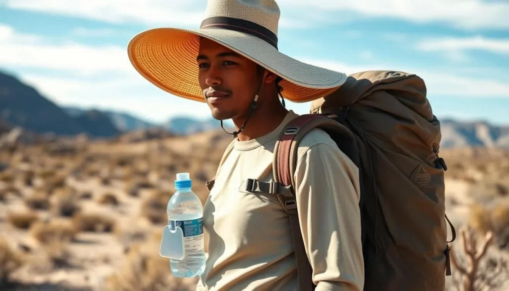 Hiker with proper desert safety equipment in the Delamar Mountains Nevada