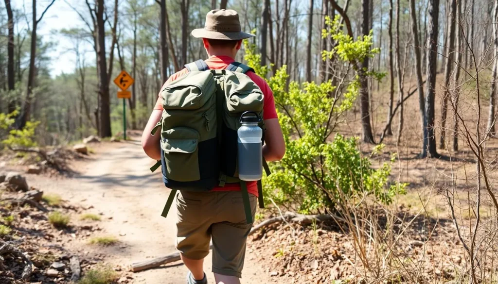 Hiker with proper gear on a trail in Trail of Tears State Forest demonstrating safety practices Hiker with proper gear on a trail in Trail of Tears State Forest demonstrating safety practices