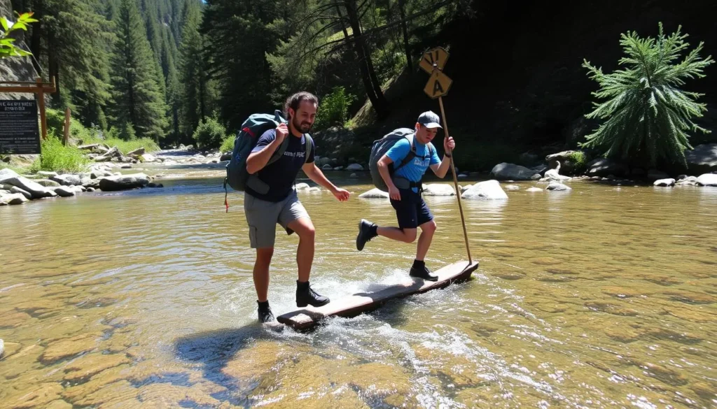 Hikers crossing the Big Sur River on the trail to Sykes Hot Springs California Hikers crossing the Big Sur River on the trail to Sykes Hot Springs California