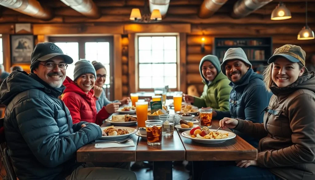 Hikers enjoying a meal at a restaurant in a Colorado Trail town