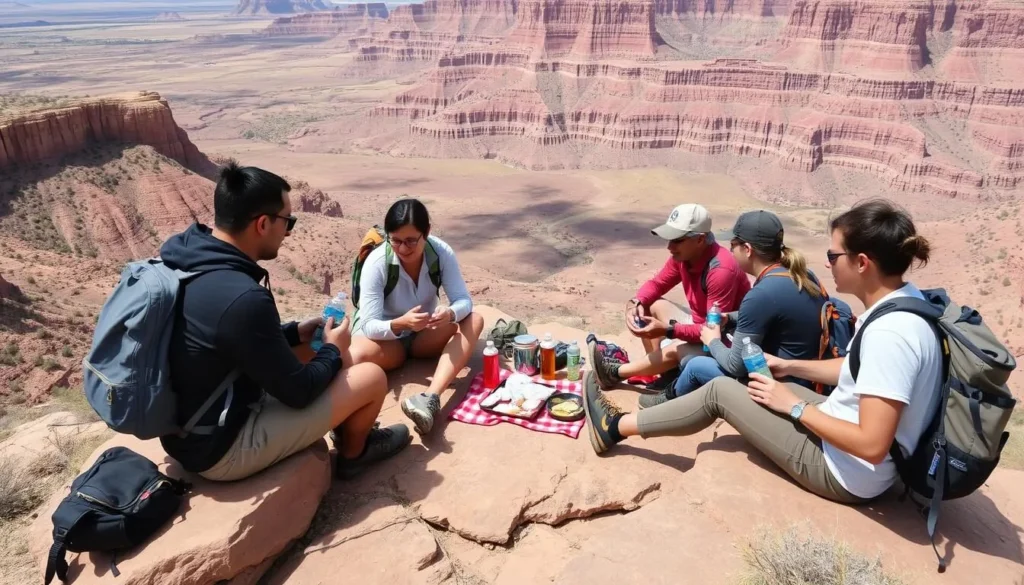 Hikers enjoying a picnic lunch with a view of the colorful Ojito Wilderness landscape