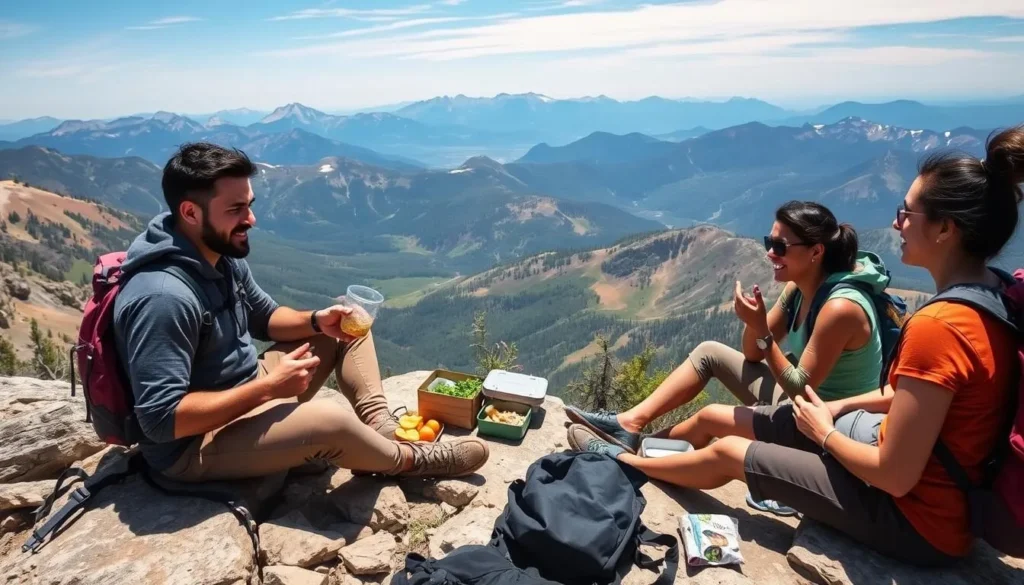 Hikers enjoying a picnic lunch with panoramic views of Flat Tops Wilderness Colorado