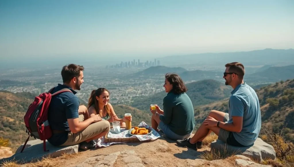 Hikers enjoying a picnic with a view of Los Angeles from a Verdugo Mountains viewpoint Hikers enjoying a picnic with a view of Los Angeles from a Verdugo Mountains viewpoint