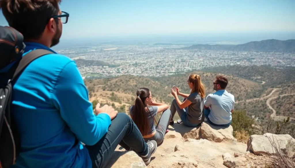 Hikers enjoying a rest at a scenic overlook in the Verdugo Mountains with Los Angeles views Hikers enjoying a rest at a scenic overlook in the Verdugo Mountains with Los Angeles views