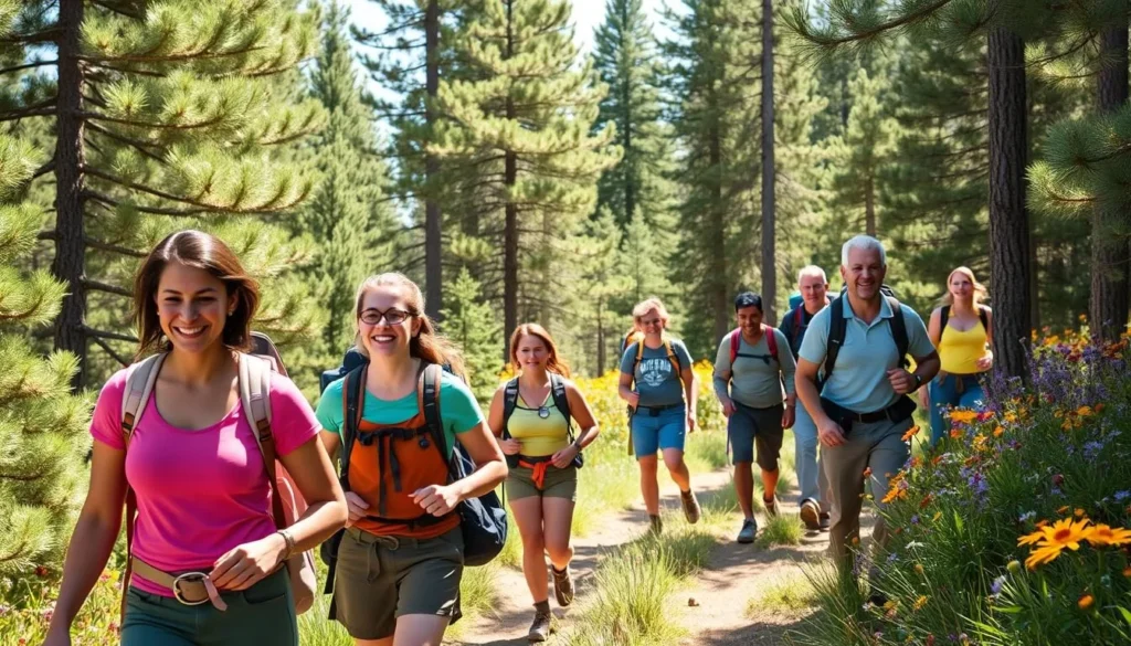 Hikers enjoying a sunny day on a Lincoln National Forest high-country trail with wildflowers in bloom Hikers enjoying a sunny day on a Lincoln National Forest high-country trail with wildflowers in bloom