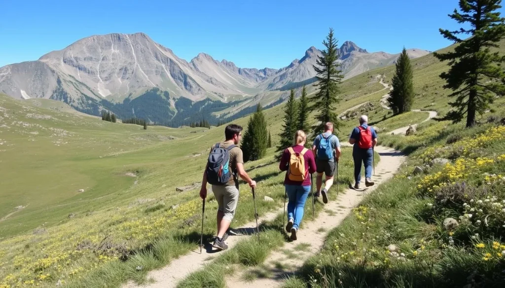Hikers enjoying a trail in the Flat Tops Wilderness Area with mountain views Hikers enjoying a trail in the Flat Tops Wilderness Area with mountain views