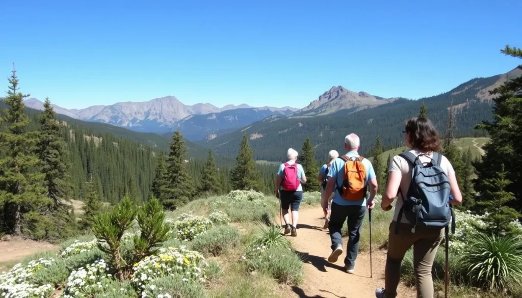 Hikers enjoying a trail with mountain views along the Gold Belt Tour Backcountry Roads Colorado Hikers enjoying a trail with mountain views along the Gold Belt Tour Backcountry Roads Colorado