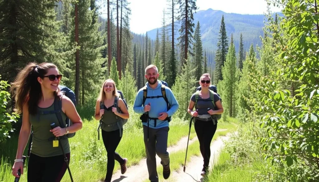 Hikers enjoying the Bear Creek Trail with mountain views in Telluride Hikers enjoying the Bear Creek Trail with mountain views in Telluride
