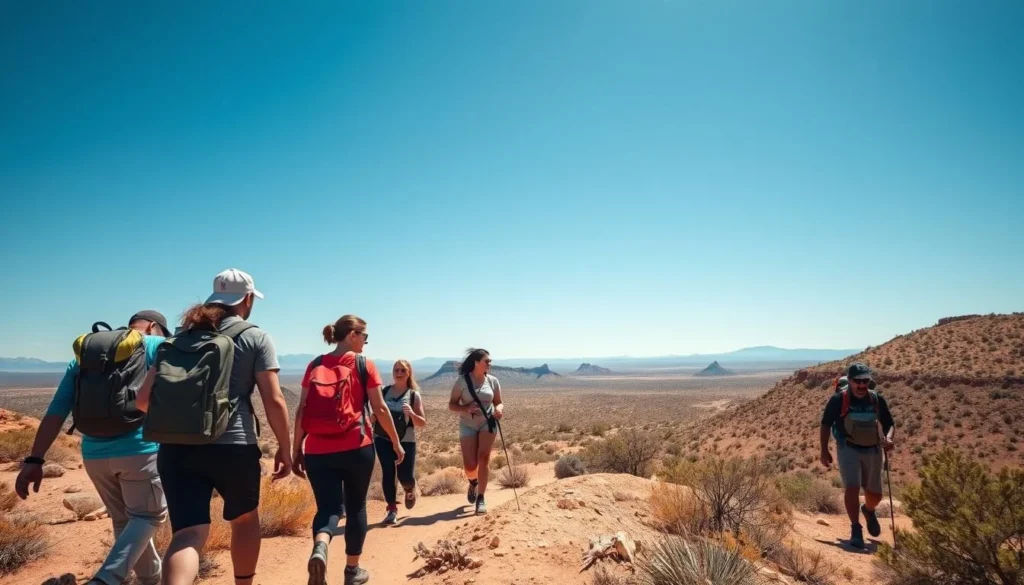 Hikers enjoying the desert landscape near Meteor Crater with distant mountains Hikers enjoying the desert landscape near Meteor Crater with distant mountains