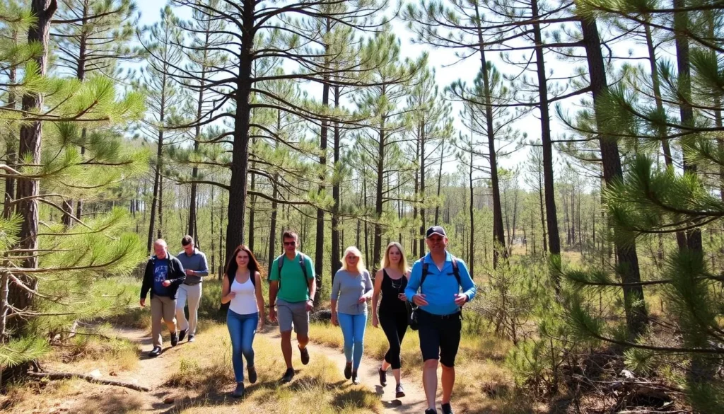 Hikers enjoying the loop trail through pine forest at Piney Creek Ravine