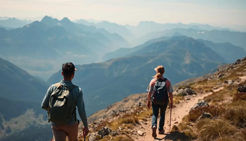 Hikers enjoying the ridge trail in Latir Peak Wilderness with panoramic mountain views Hikers enjoying the ridge trail in Latir Peak Wilderness with panoramic mountain views