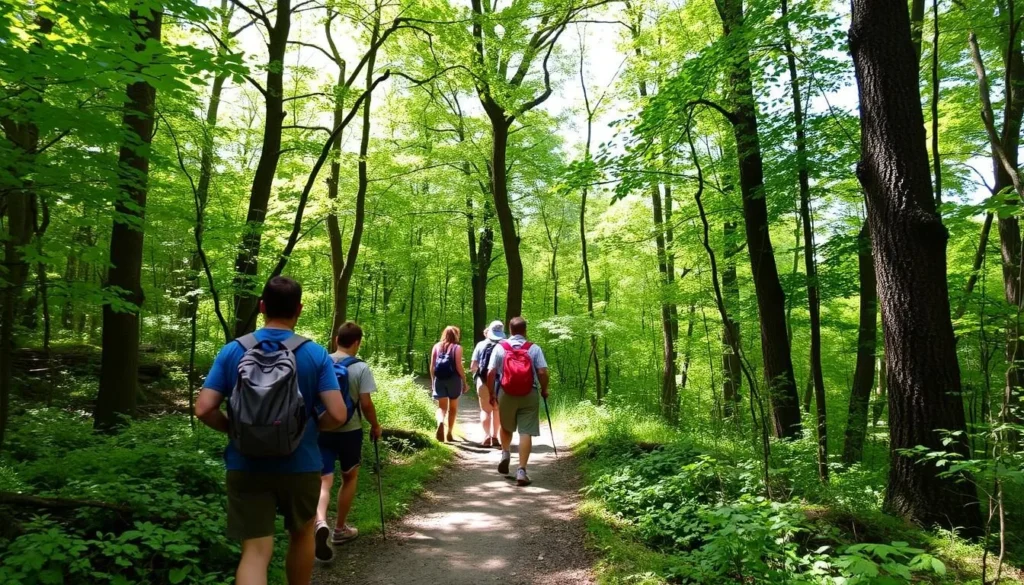 Hikers enjoying the trails on Mount Joy at Valley Forge National Historical Park surrounded by lush forest