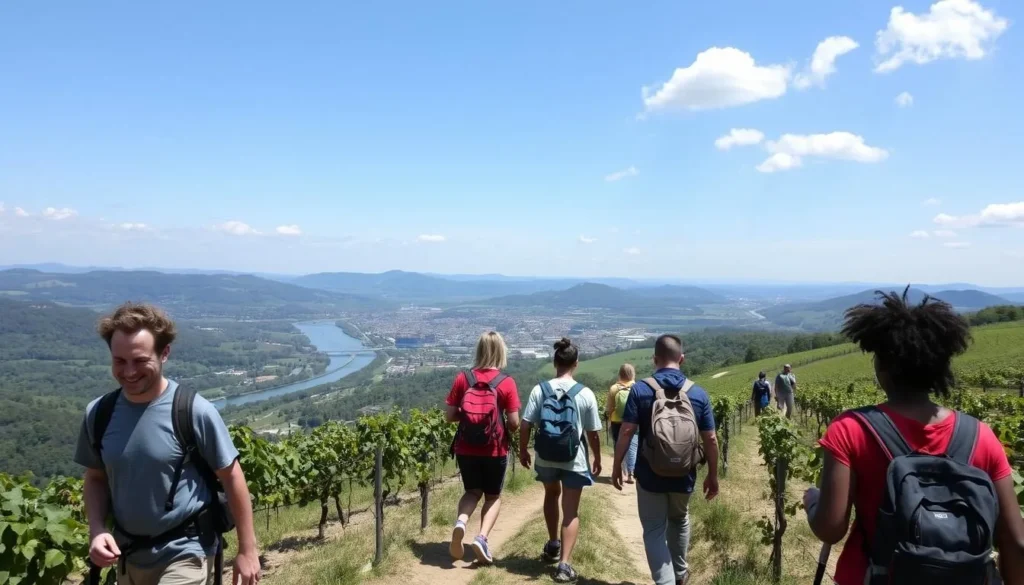 Hikers enjoying the vineyard trails above Rüdesheim with views of the Rhine Valley