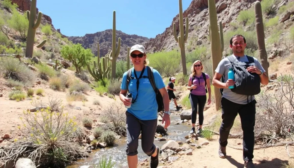 Hikers exploring Sabino Canyon with water features and desert landscape