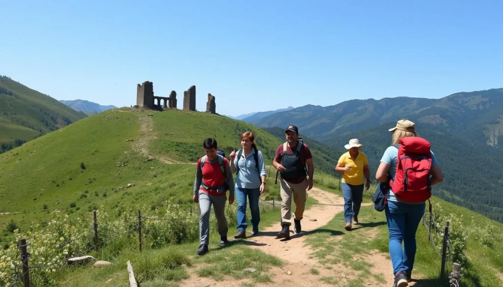 Hikers exploring a mountain trail in Ingushetia with ancient towers visible in the distance Hikers exploring a mountain trail in Ingushetia with ancient towers visible in the distance