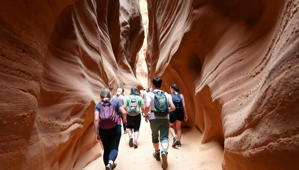 Hikers exploring a narrow slot canyon in San Lorenzo Canyon