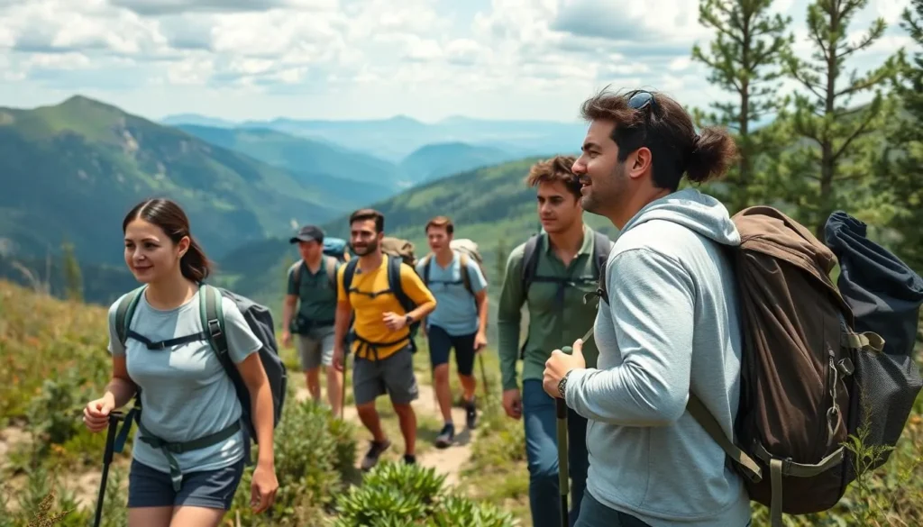 Hikers exploring a scenic trail in the Ural Mountains section of Komi Republic