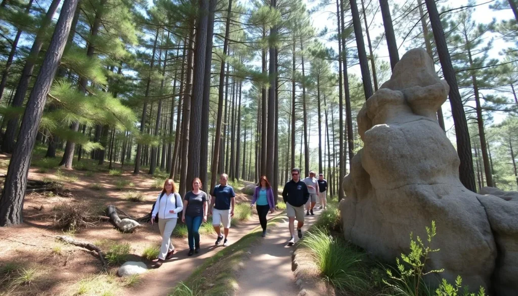 Hikers exploring a scenic trail through White Pines Forest with sandstone formations Hikers exploring a scenic trail through White Pines Forest with sandstone formations