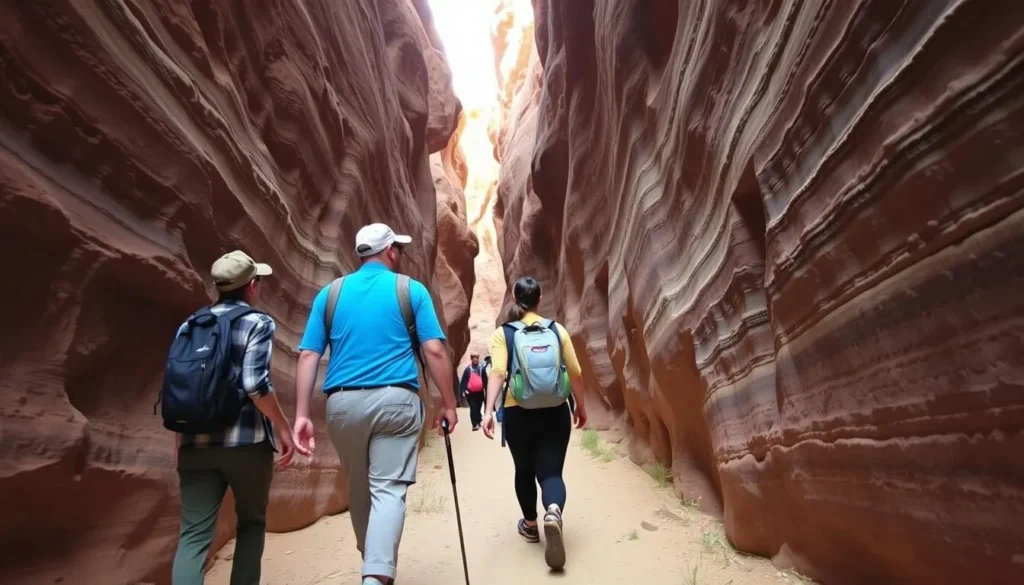 Hikers exploring a slot canyon near Coyote Springs Valley Desert