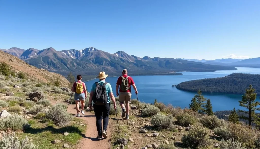 Hikers exploring a trail on Granite Island with Lake Granby views Hikers exploring a trail on Granite Island with Lake Granby views