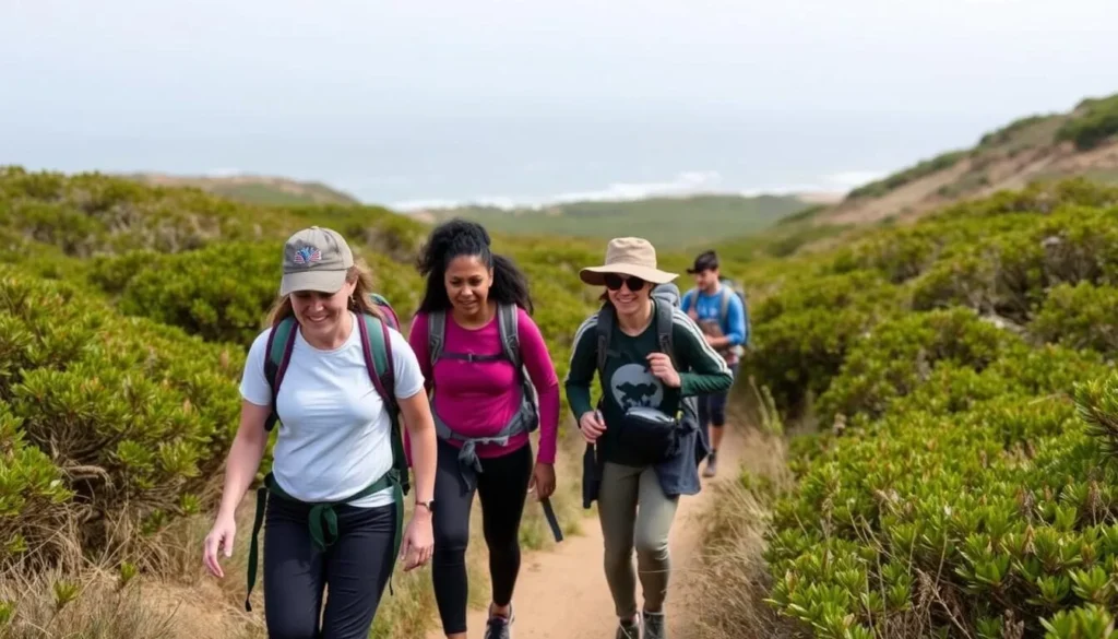 Hikers exploring a trail through diverse ecosystems at Tolowa Dunes State Park Hikers exploring a trail through diverse ecosystems at Tolowa Dunes State Park