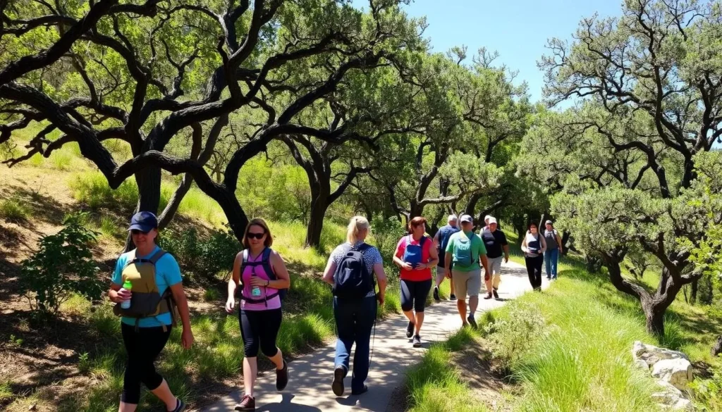 Hikers exploring a trail through oak woodlands in Wildwood Canyon Hikers exploring a trail through oak woodlands in Wildwood Canyon