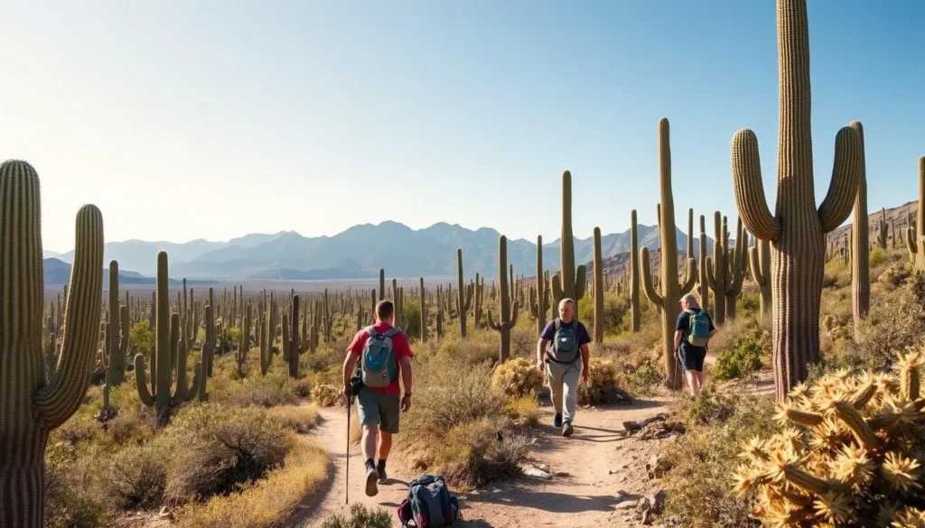 Hikers exploring a trail through saguaro forest in Sonoran Desert National Monument