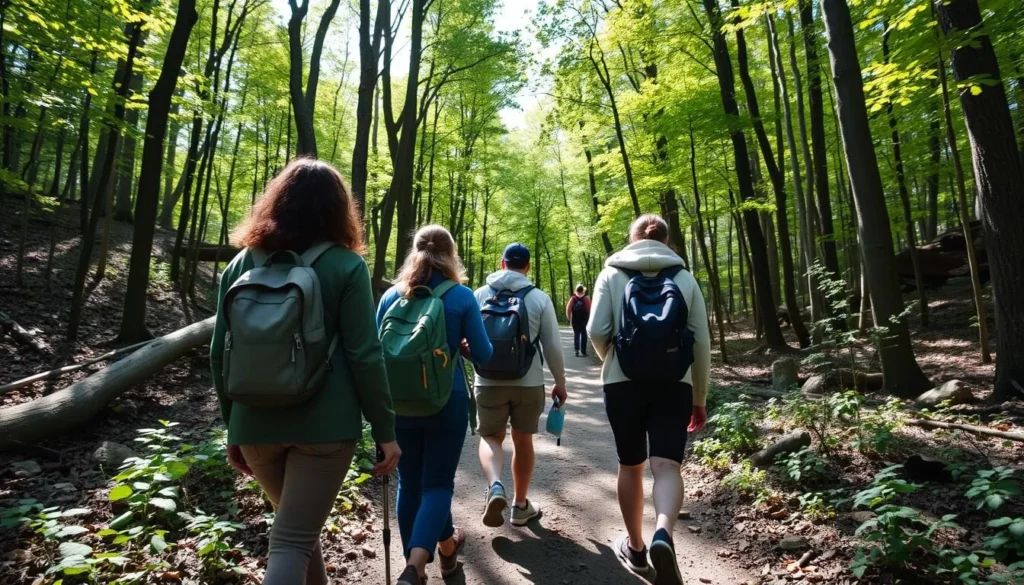 Hikers exploring a wooded trail at Tyler State Park Pennsylvania with sunlight filtering through trees Hikers exploring a wooded trail at Tyler State Park Pennsylvania with sunlight filtering through trees