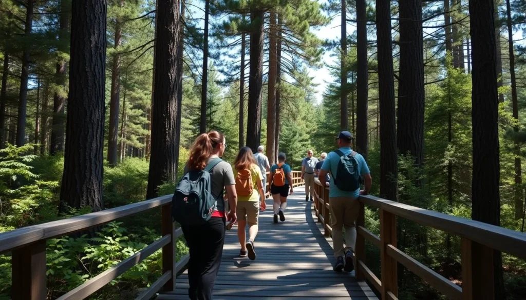 Hikers exploring the Hemlock Trail boardwalk through ancient forest at Salt Springs State Park Pennsylvania Hikers exploring the Hemlock Trail boardwalk through ancient forest at Salt Springs State Park Pennsylvania