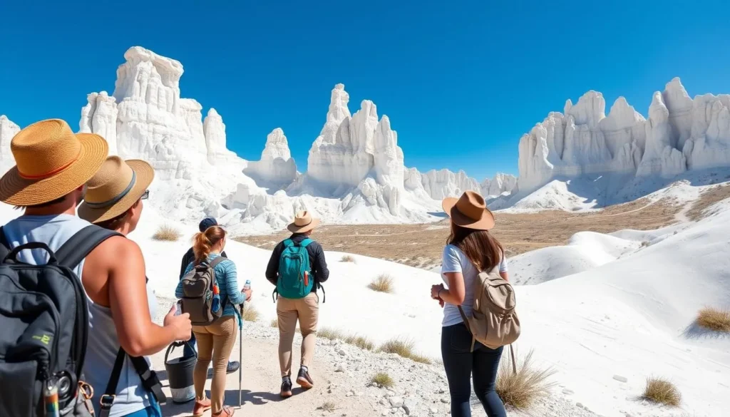 Hikers exploring the unique landscape of Plaza Blanca with towering white rock formations Hikers exploring the unique landscape of Plaza Blanca with towering white rock formations