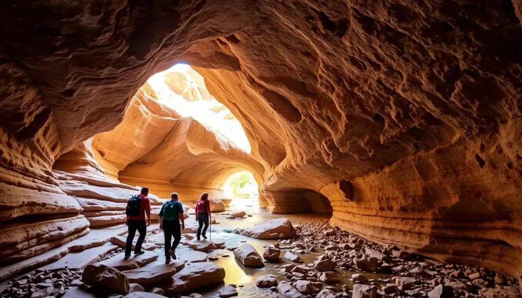 Hikers exploring underneath Tonto Natural Bridge in Arizona with water flowing through the travertine formation Hikers exploring underneath Tonto Natural Bridge in Arizona with water flowing through the travertine formation