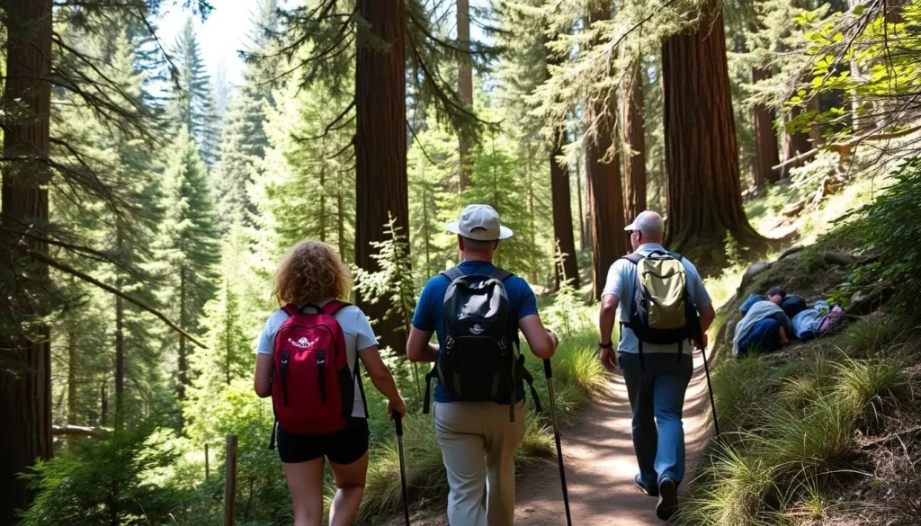 Hikers navigating a scenic section of the Pine Ridge Trail to Sykes Hot Springs California Hikers navigating a scenic section of the Pine Ridge Trail to Sykes Hot Springs California