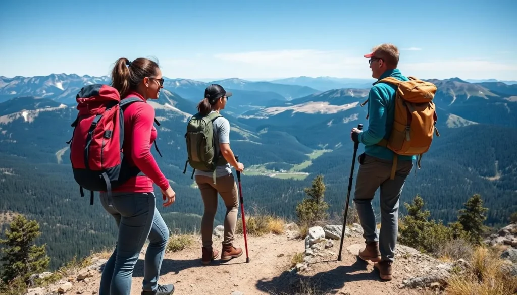 Hikers on Anthracite Range trail with panoramic mountain views Hikers on Anthracite Range trail with panoramic mountain views