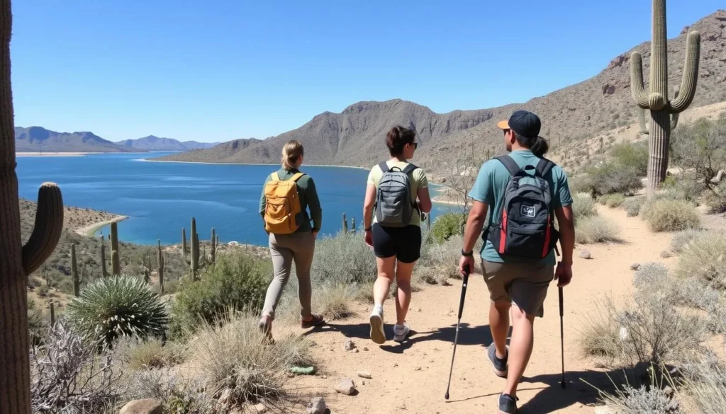 Hikers on Butcher Jones Trail at Saguaro Lake Recreation Areas Arizona with lake views