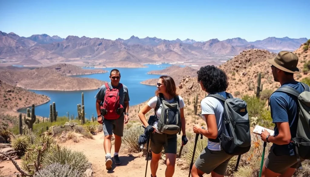 Hikers on Butcher Jones Trail with views of Saguaro Lake and mountains in Salt River Canyon area